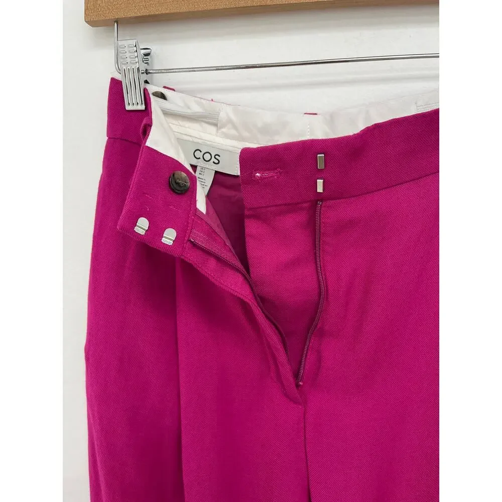 COS Relaxed Pleated Linen-Blend Wide-Leg Trousers Pink Colorful Work - Size 2